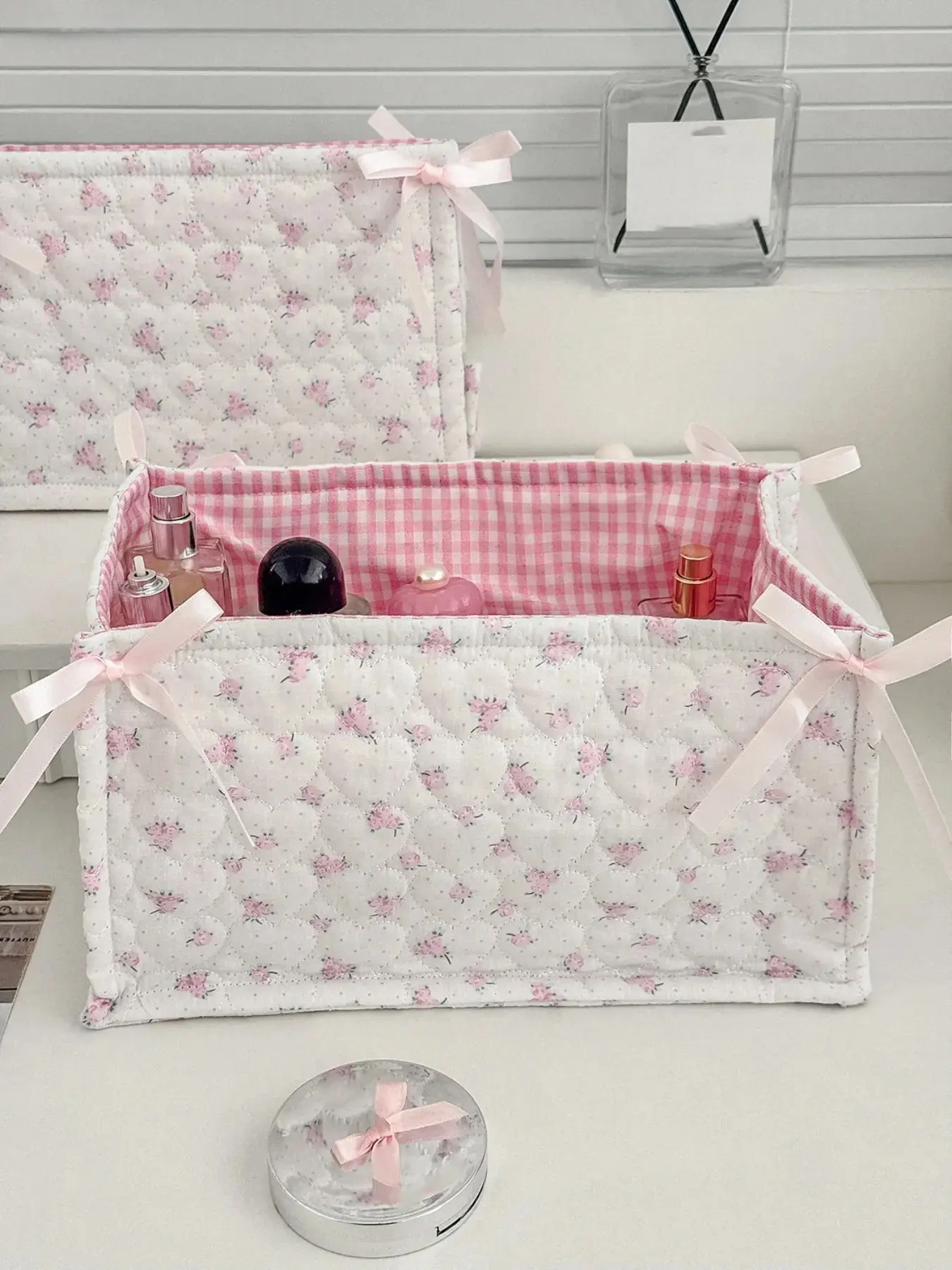 Pink Ditsy Floral Heart Quilted Fabric Storage Basket with Bow, Foldable Open Top Cosmetic Organizer Bin for Dresser Skincare Makeup Sundries Storage