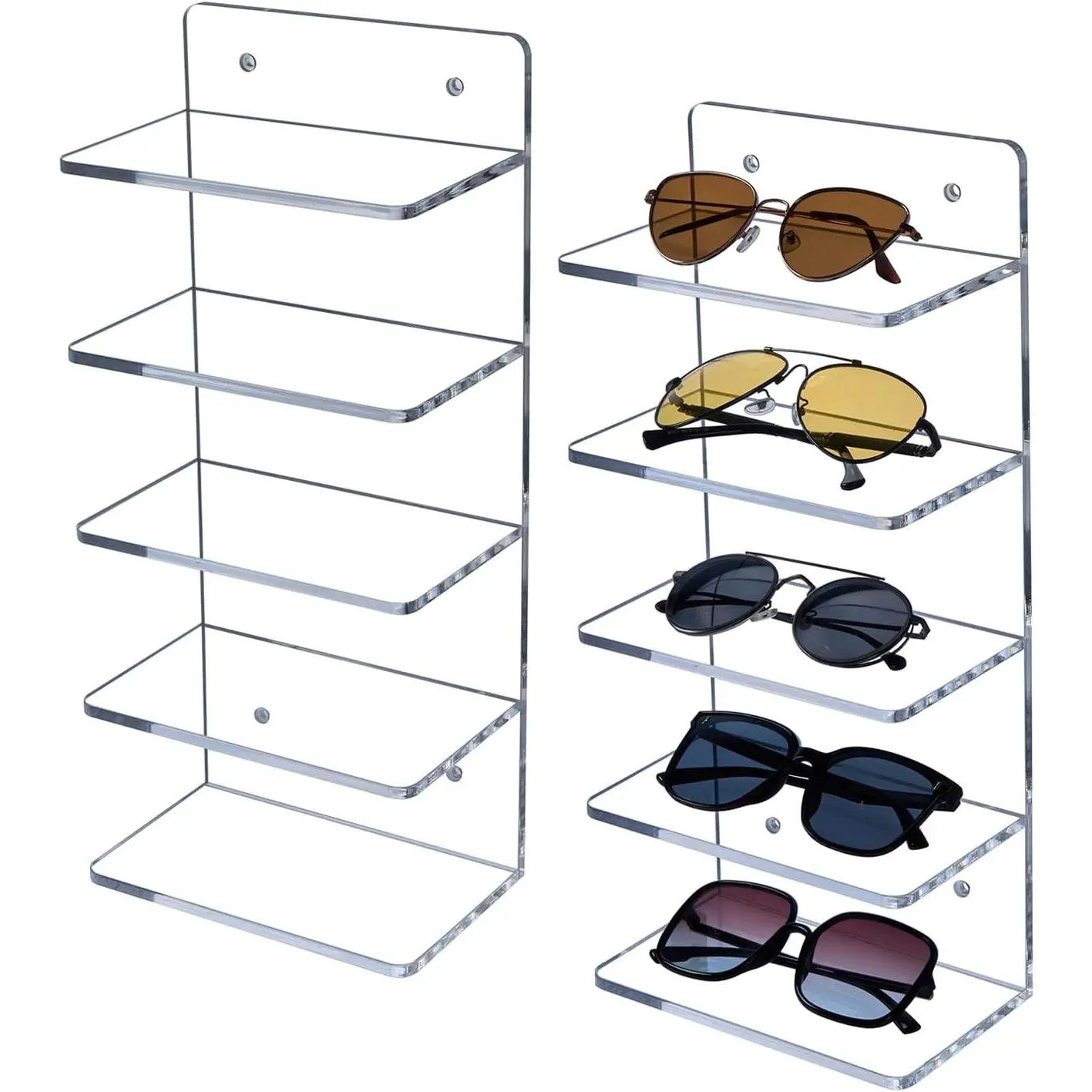 5 Tier Clear  Sunglasses Holder Rack, Wall Mounted Eye Glasses Shelf or Tabletop Display Stand, Retail Eyewear  Storage Organizer, Set of 2