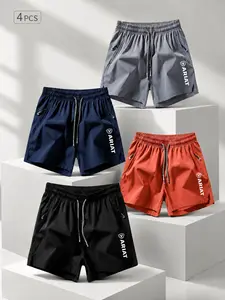 4 Piece Set Ariat Letter Print Ice Silk Quick-Dry Sport Shorts for Men, Breathable Zip Pockets, Outdoor Casual Five-Quarter Pants
