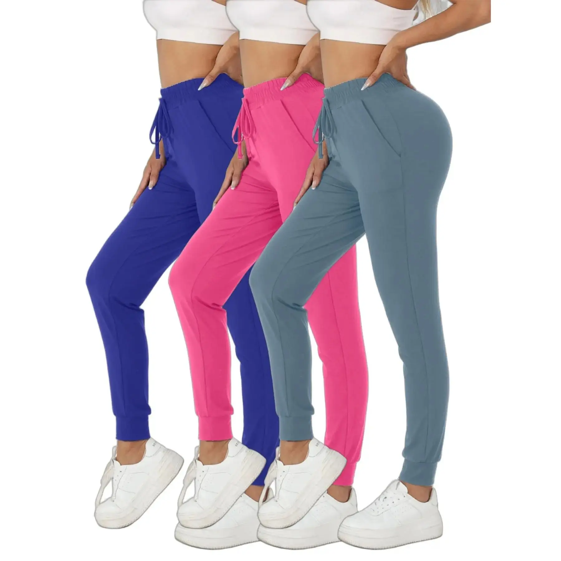 3-pack of women's solid color sweatpants, high-waisted, slim-fitting, casual pants with elastic waist design, suitable for fitness training and casual wear