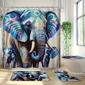 1/4PCS Elephant Shower Curtain Set – Bohemian Oil Painting Animal Elephant Design, Includes Shower Curtain with 12 Plastic Hooks, Anti-Slip Mat, U-Shaped Mat & Cover, Modern Cool Home Bathroom Decor
