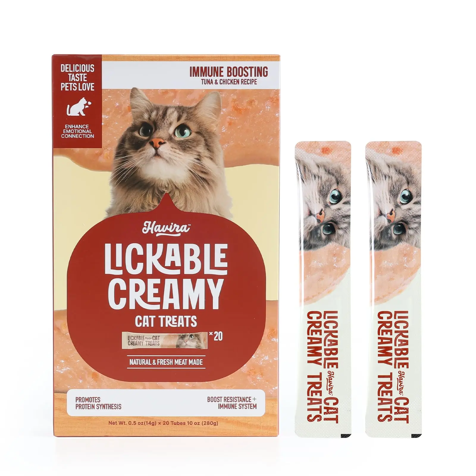 Havira Healthy Lickable Creamy Soft Chew Cat Treats, Immune Support Tuna & Chicken Flavor Squeeze Snacks with Lactoferrin, Taurine & Carrot, Grain-Free Functional Treats, Soft Chew Treats