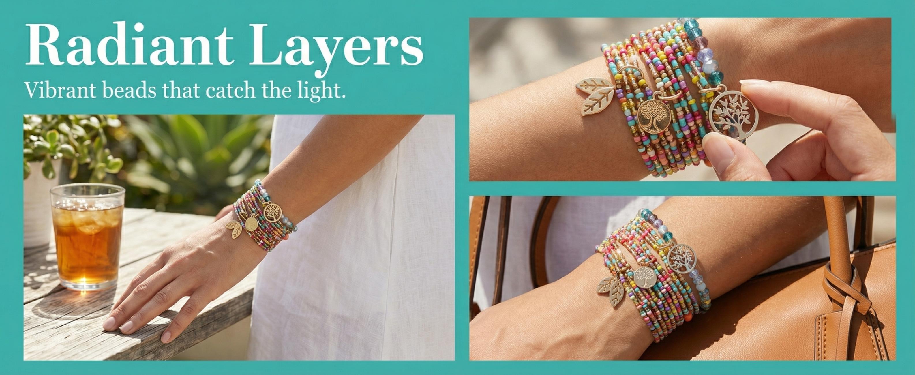 3pcs/set Bohemian Beaded Bracelet for Women, Handmade Elastic Stretch Bracelets with Tree Leaf Pendant, Colorful Rice Beads & Crystal Flat Beads for Summer Beach