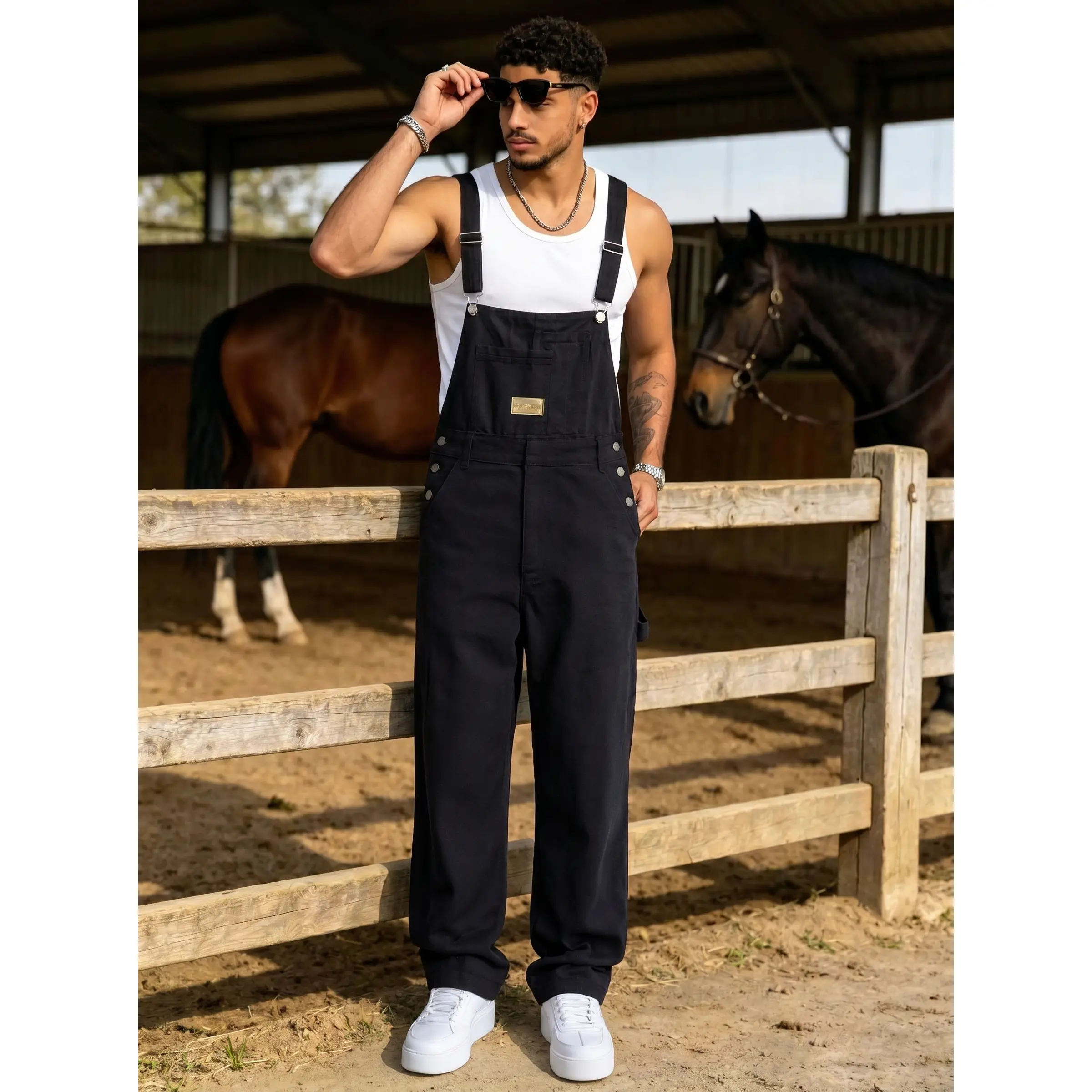 Men's Casual Bib Overalls in Vintage Thick Denim, Relaxed Fit Western Streetwear with a Baggy Wide Leg and Multi Pockets, Shirts, Pants, Loafers, Matching