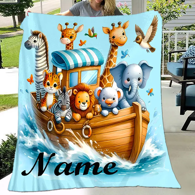 Customized Name Cartoon Animal Nautical Fleece Blanket – Soft and warm polyester fabric, 3D digital printing, collegiate-style design, suitable for all seasons. Perfect for napping, camping, travel, or as a Christmas gift for friends, family, and classmat