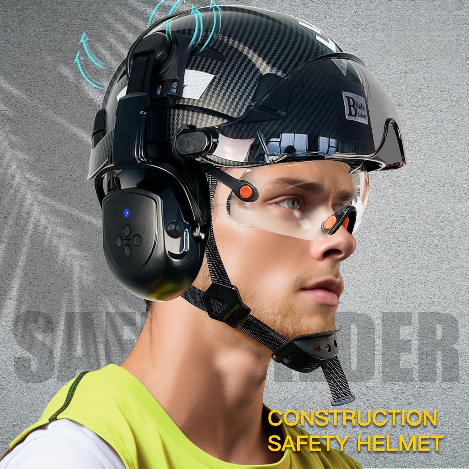 Vented Hard Hat with Visor and Bluetooth Ear Muffs, SNR 26dB Hearing Protection, Adjustable Suspension, Construction Safety Head Gear