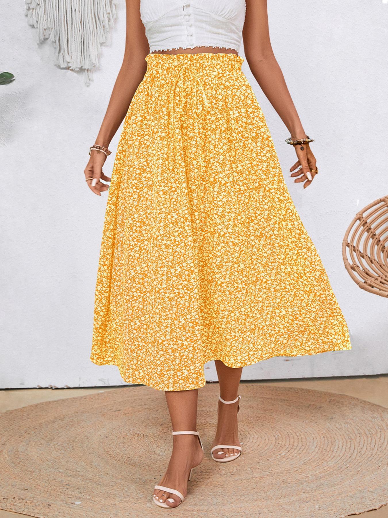 Women's Plain / Ditsy Floral Print Paper Bag Waist A Line Skirt, Boho Pocket High Waist Midi Skirt for Beach Vacation Holiday, Ladies Bottoms for All Seasons