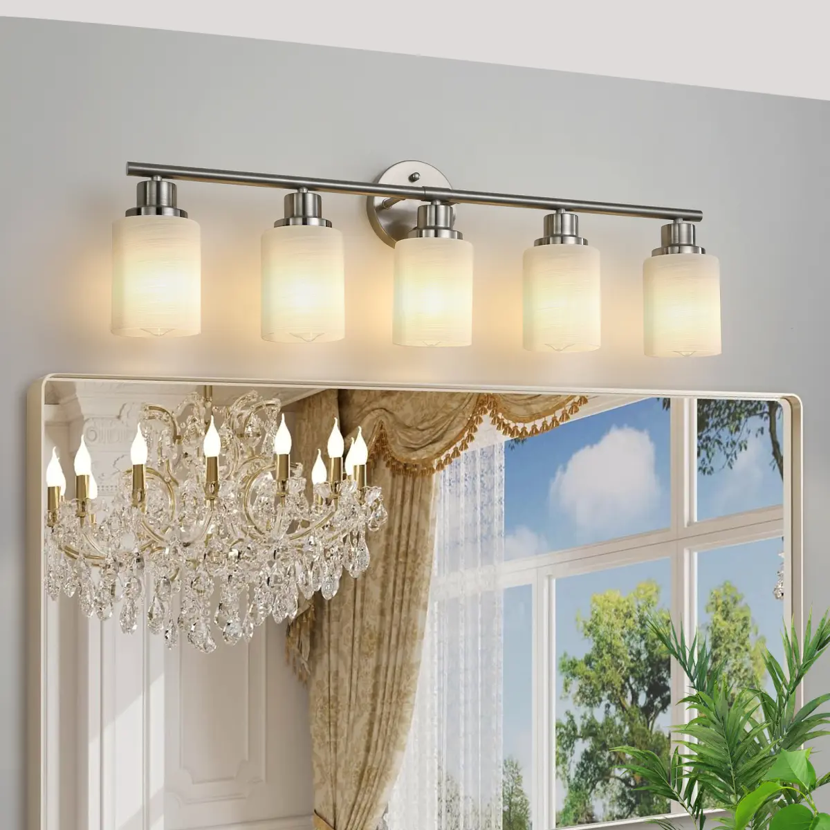 31" Long Minimalist 5-Light Vanity Wall Sconce, Brushed Nickel Finish, Frosted Glass Shades, Soft Light Filter, Hardware Kit Included for Indoor Bathroom or Hallway Lighting (No Bulbs), 31 In