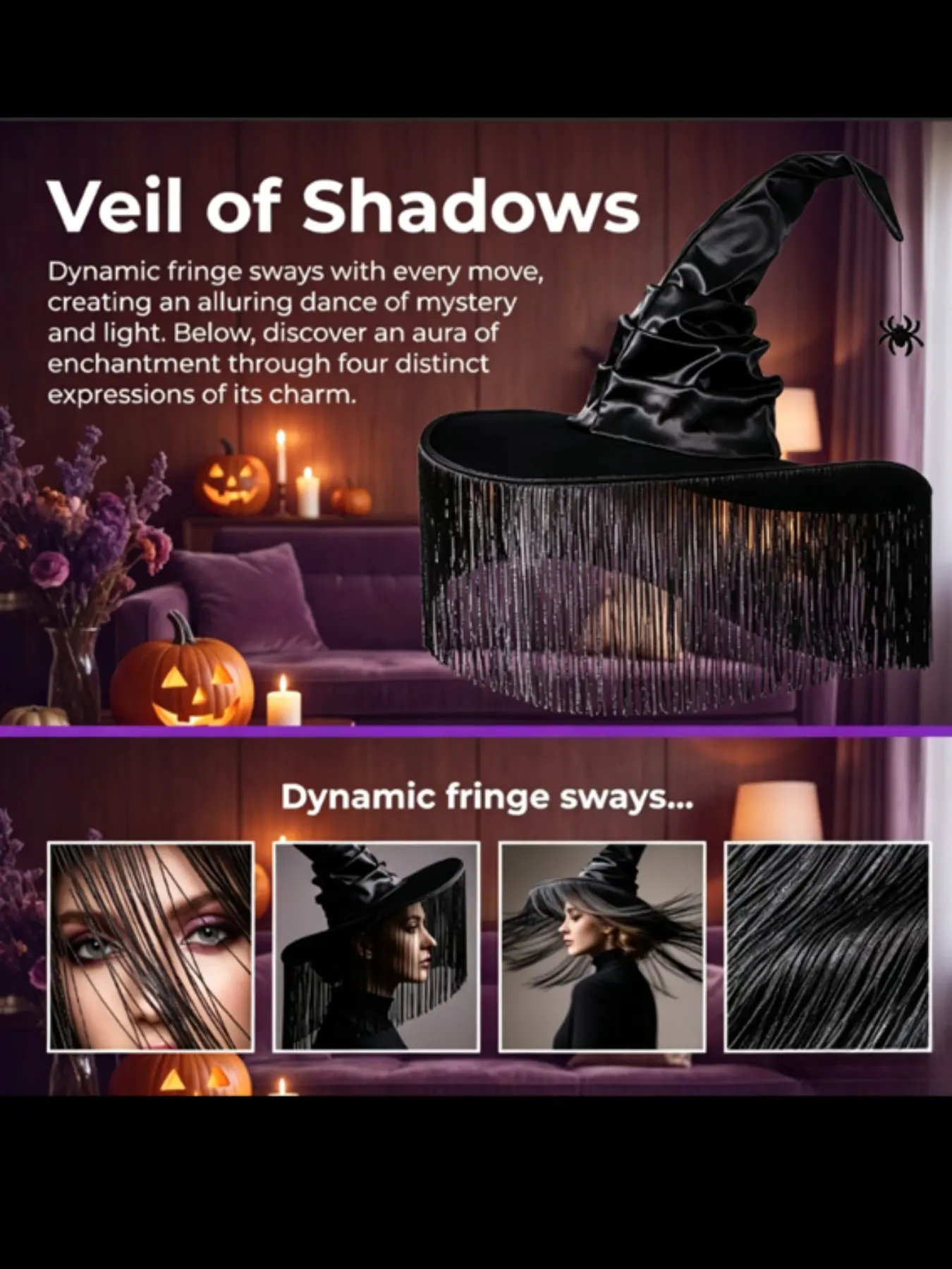 Tasseled Witch Hat, Halloween Spider Hat, Party Cosplay Dark Costume Headpiece, Perfect for Halloween Parties and Events