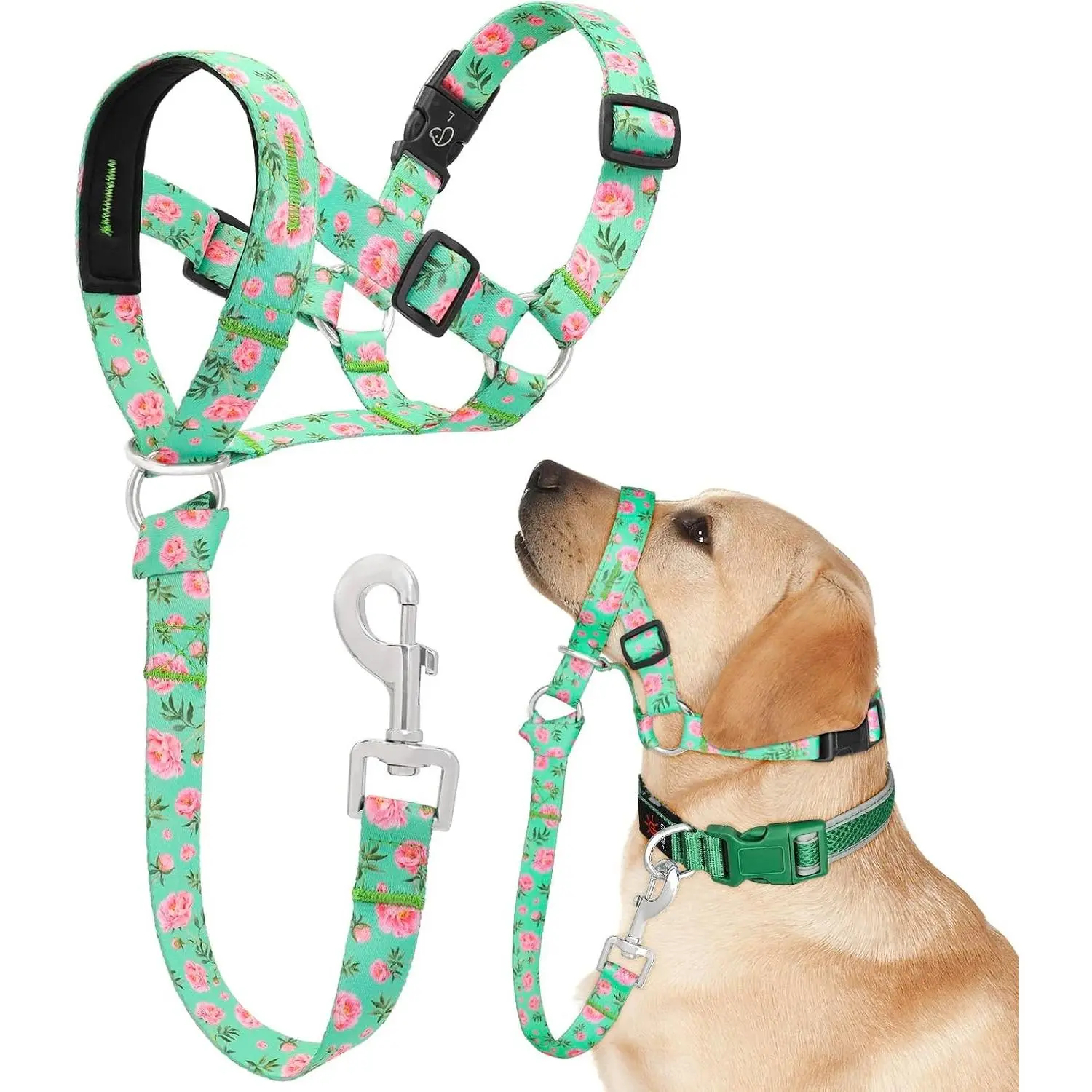 Dog Head Collar, Printed No-Pull Headcollar, Adjustable Dog Head Halter Gentle Lead with Safety Link, 3 Colors Muzzle Leash for Small Medium Large X-Large Dogs Easy Walks (Large, Peony)
