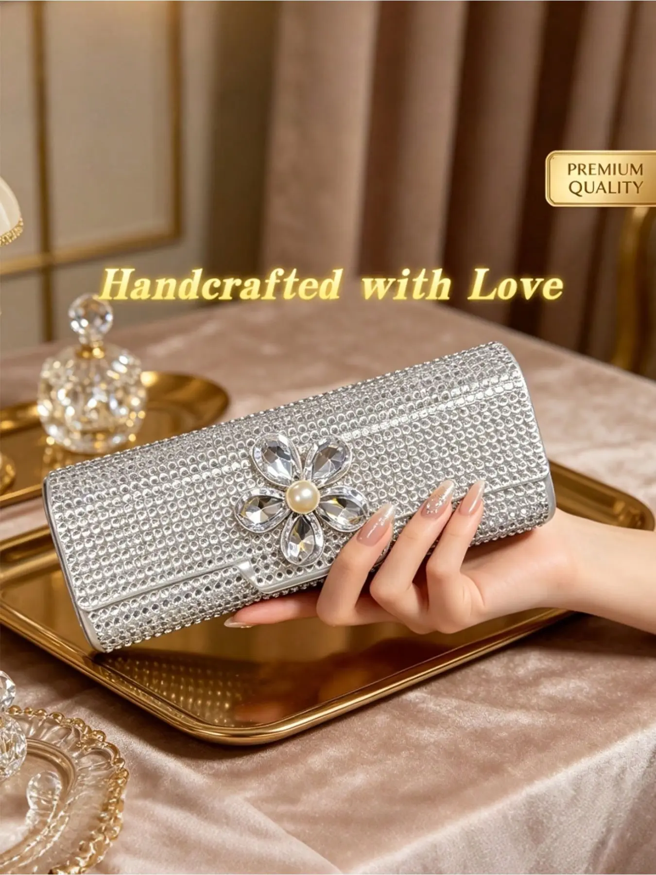 Luxurious and sparkling handmade rhinestone small glasses case, rhinestone flower handmade glasses case, for storing sunglasses and prescription glasses; can also be used as a small box for lipsticks and makeup storage