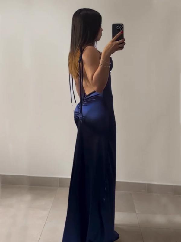 2024 Europe & US Explosive New Cross-Border Dress Summer Y2K Sexy Halter Sleeveless Spaghetti Strap Dark Blue Beige Minimalist Formal Workwear Aesthetic Love Poly Style Womenswear Girl