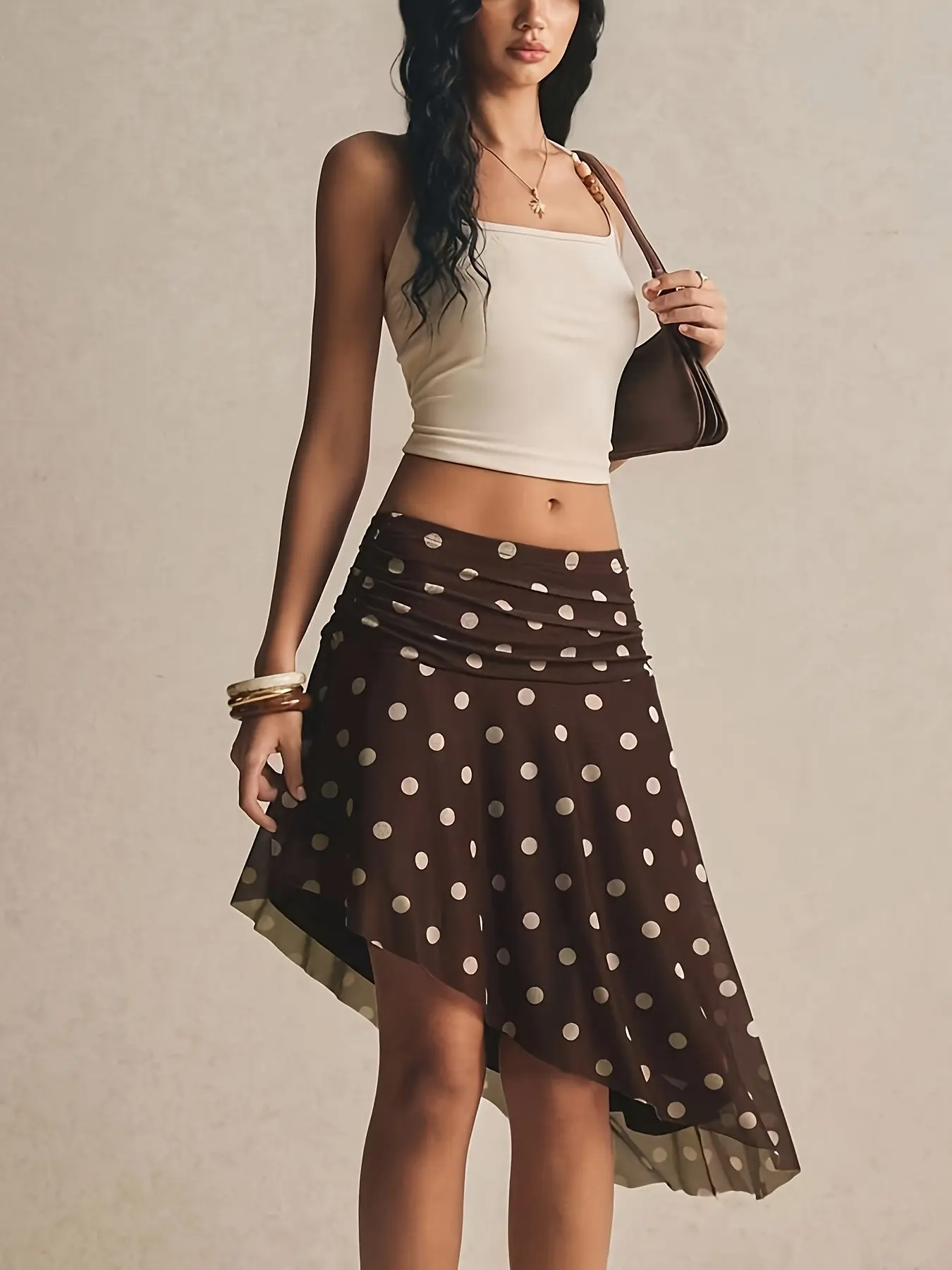 Women's Polka Dot Mesh Asymmetric Midi Skirt, Ruched Waist Handkerchief Hem Wrap Dress, Y2K Boho Style, Summer Casual Fit, Asymmetrical