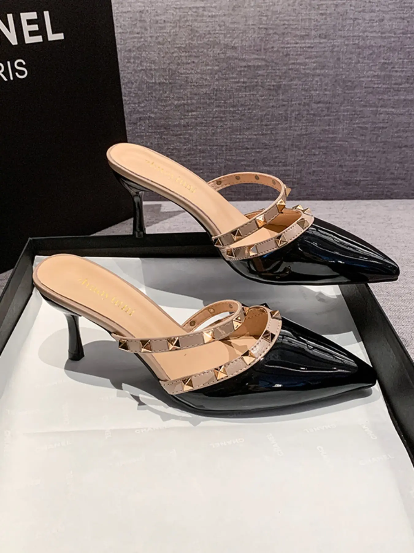 Women's Rivet Pointed Stiletto Heel Mules, Patent Leather Slip-On Shoes with Rivet Trim, Party Evening Footwear, Elegant Open-Toe Design, Elegant Sandal, Patent Heeled Mules, Backless Mule