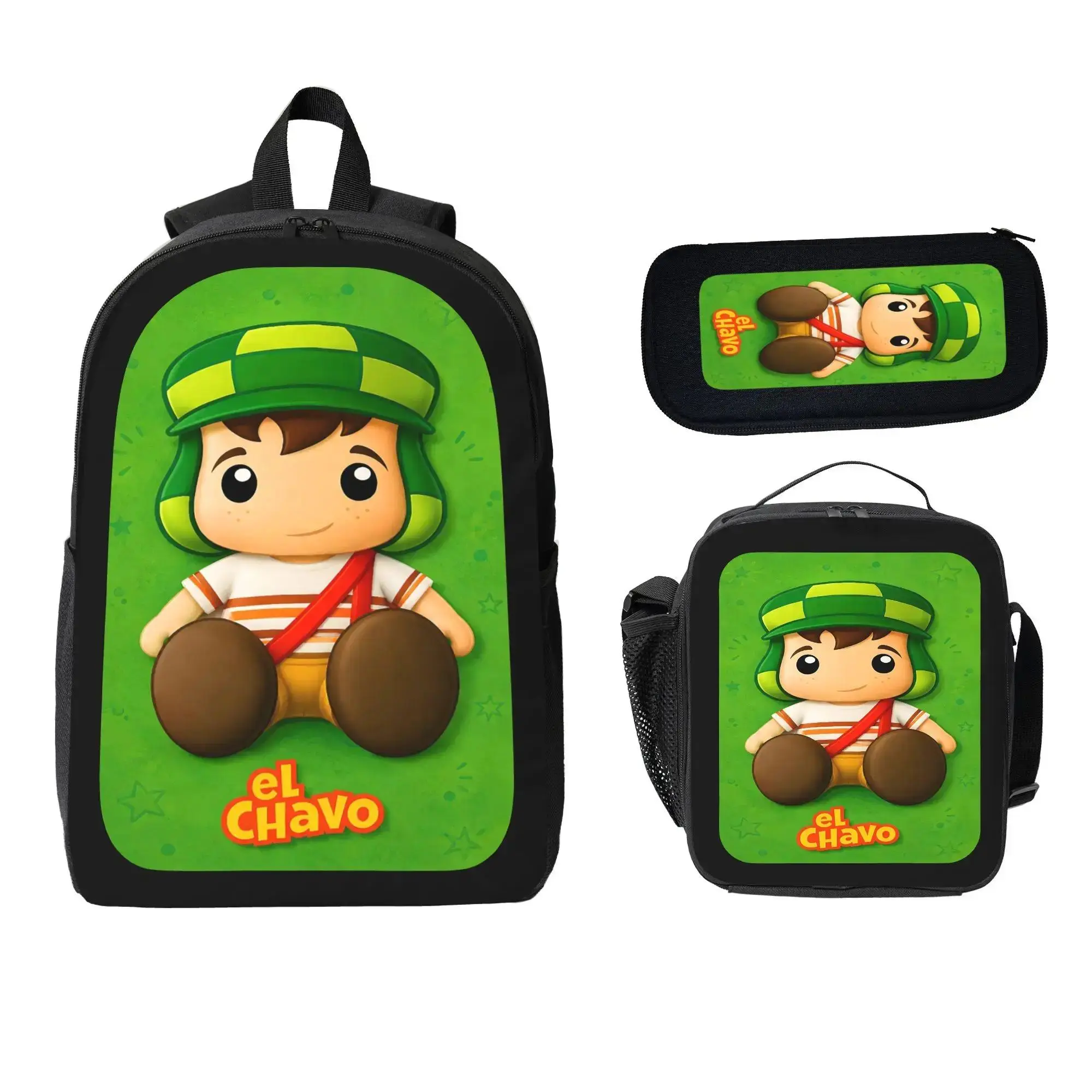 Fashion El Chavo Backpack Large Capacity Commuter Bag Cartoon Casual Backpack Set 3 pc Backpack Lunch Bag Pencil Case Laptop Daypack Travel School Bag Unisex Durable Back To School Gift Summer Backpack Set-2D