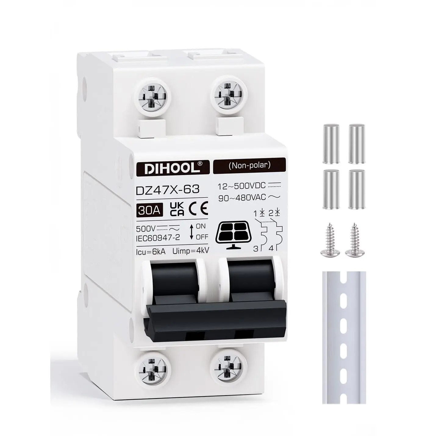 Solar Disconnect Switch, 30 Amp 2 Pole, DIN Rail Mount, Non Polarized, 12V 24V 48V 400V, AC/DC Circuit Breaker, RV Battery Isolator, PV Array MCB, Thermal Magnetic Trip