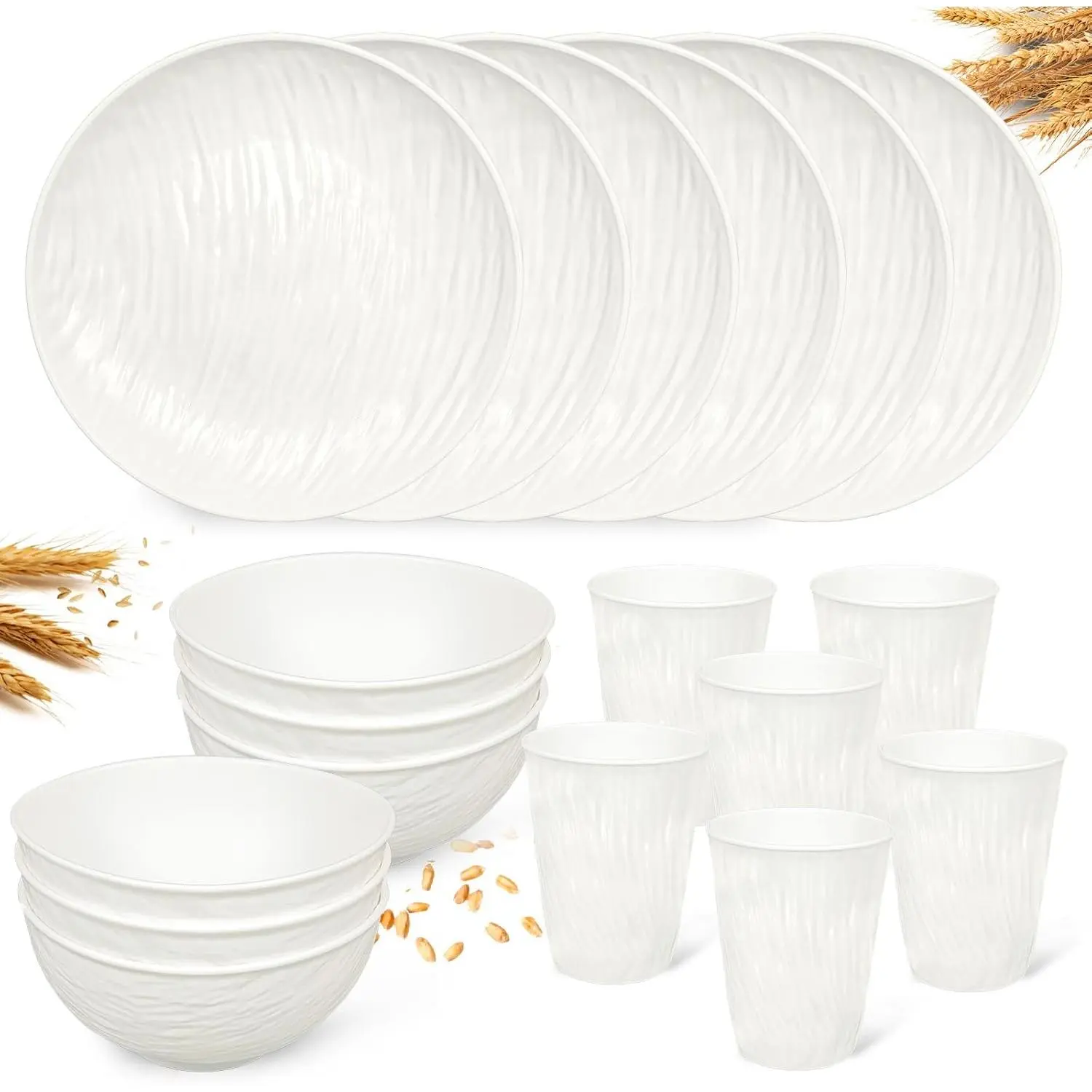 18 count White Plastic PLates and Bowls Sets Heavy Duty includes Plastic Plates  and Elegant Wheat Bowls and Rock-textured Design Cups for 6 People Outdoor Picnic,Camping Trip,Beach Day