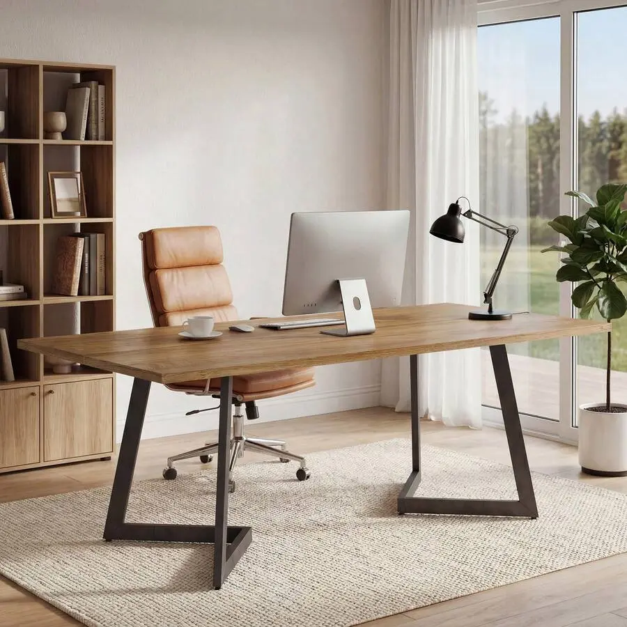 62.2-Inch Industrial Executive Desk, Modern Home Office Computer Desk With Sturdy Metal V-Shaped Legs, Large Study Writing Table Business Workstation, Rustic, 1 X Executive Desk
