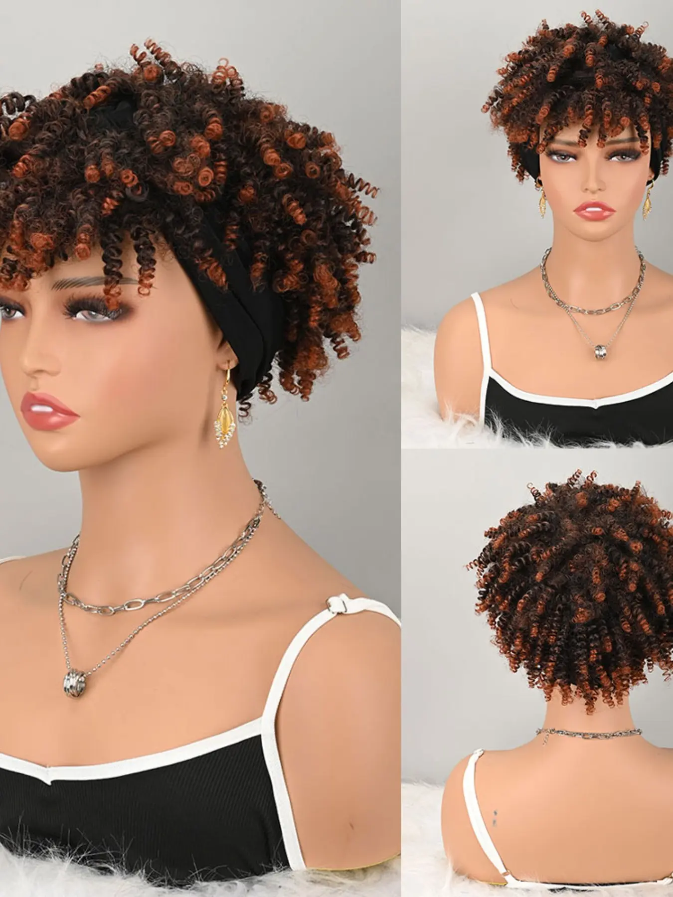Short Kinky Curly Headband Wig for African women Ombre Brown Copper Afro Curly Synthetic Scarf Wig Heat Resistant Synthetic Fiber Hair Glueless None Head Wrap Wig for Daily Party Vacation Cosplay Wear Synthetic Hair Wigs
