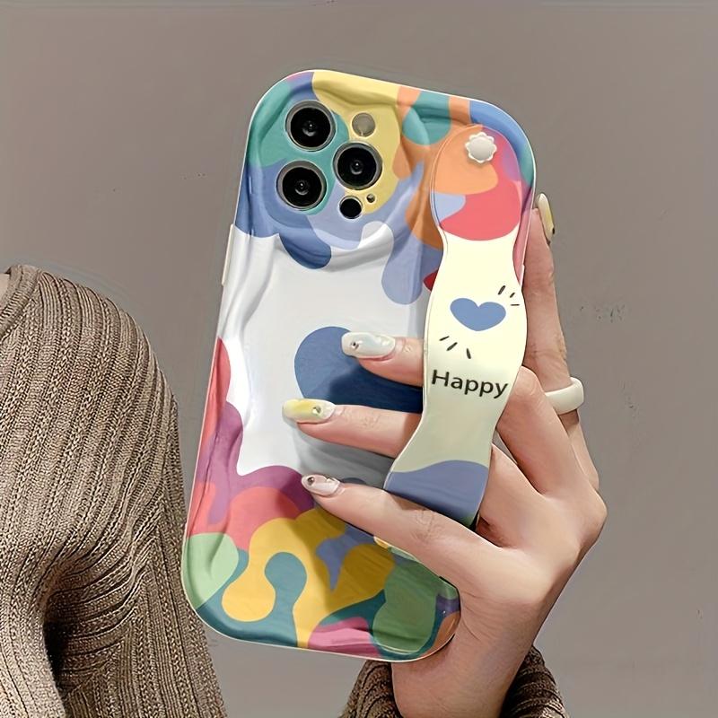 Cream Pattern Wristband for iPhone 17 Pro Max/16/15/14/13/12/11 Happy Design Graffiti Phone Case with Colorful Hearts and Bubbles