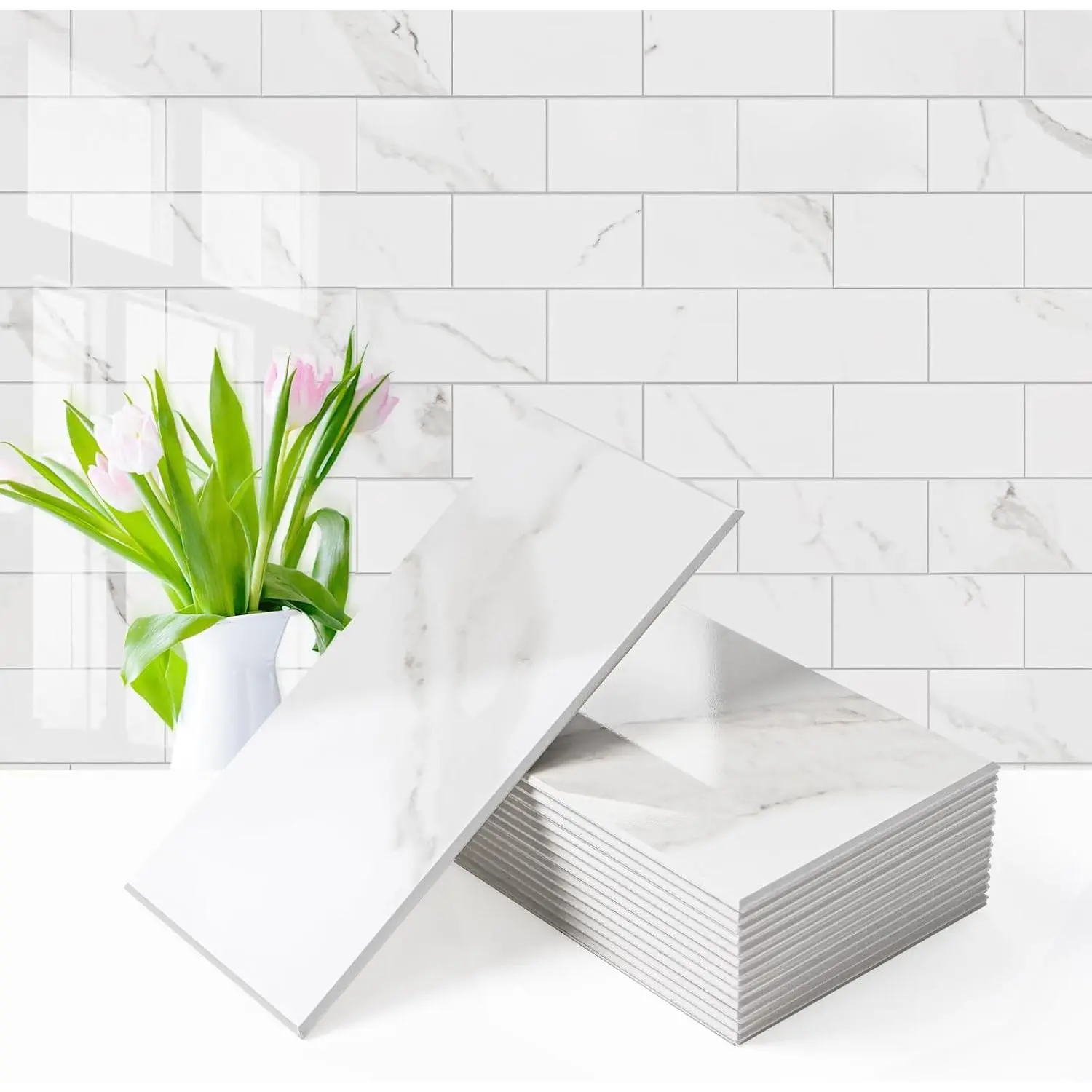 100- Peel and Stick Backsplash Seamless ,3''x6'' Glossy Statury White Marble with White Grout PVC Subway ,Stick  Backsplash for Kitchen/Bathroom/Laundry Room