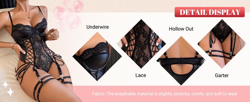 Women's PU Lace Up Hollow Out Underwire Lingerie Contrast Lace Teddy Bodysuit, Womenswear Lady Nightwear