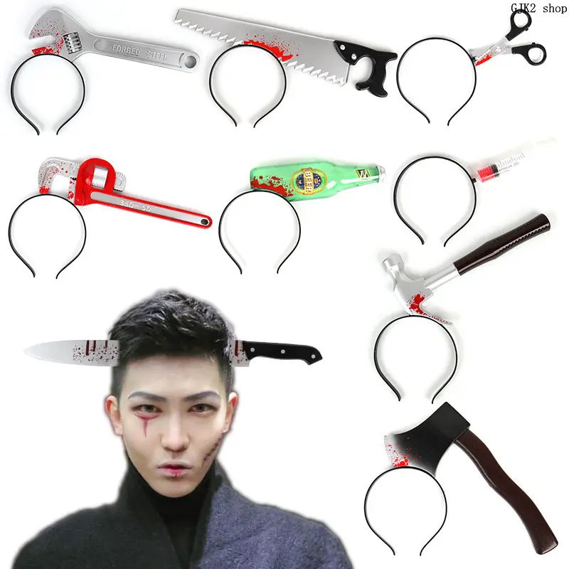 Halloween Novelty Through Head Prop Headband Fake Saw Knife Axe Scary Costume Party Photo Booth Decor