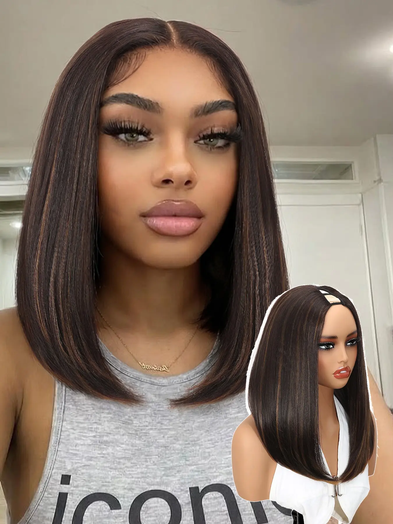 14inch Yaki Straight U Part Wig, V Part Bob Half Wigs for Women, Short / Highlights, Glueless, Heat Resistant, Synthetic Hair