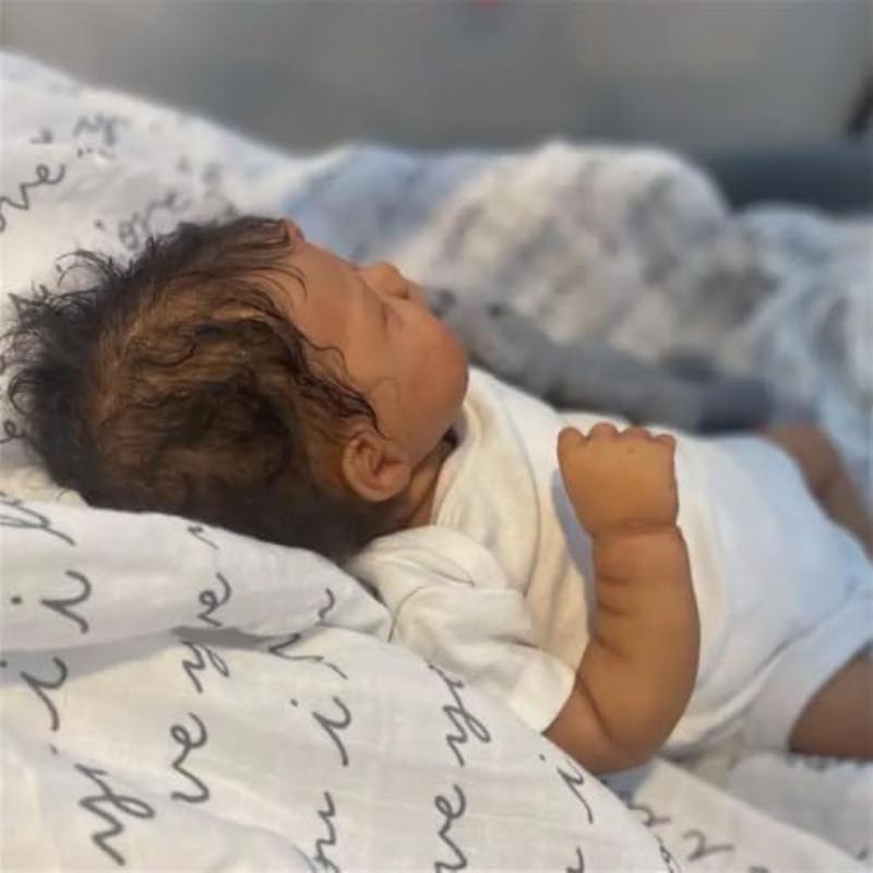 19 Inch Realistic Reborn Baby Doll, Lifelike Realistic Newborn, Gorgeous Doll, Reborn Doll Baby Dolls, Soft Vinyl Black Skin Sleeping Doll with Short Sleeve Crawling Clothes, Birthday Gift for Kids