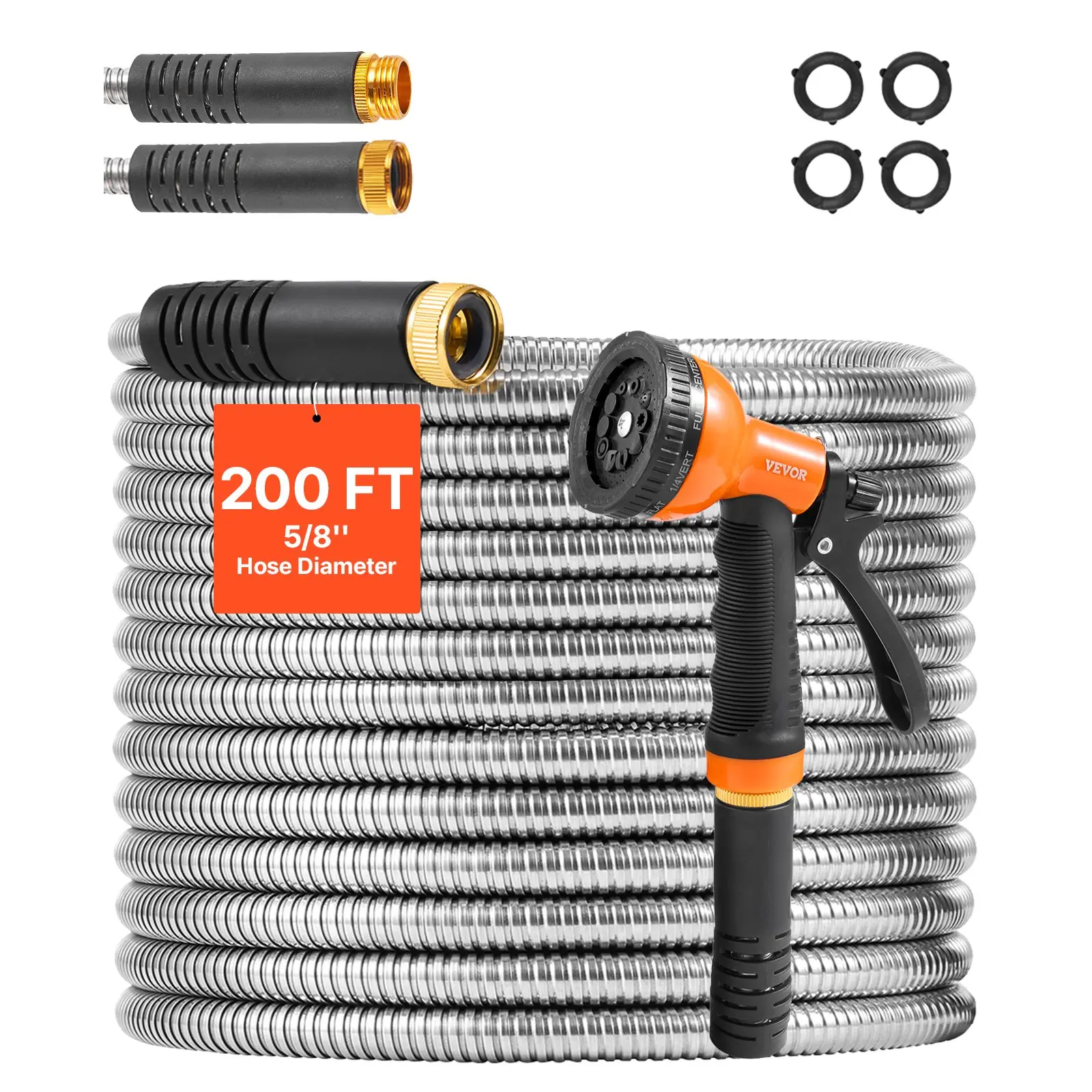 Metal Garden Hose 200 ft, Rust Proof Stainless Steel Water Hose, Heavy Duty Backyard Hose with 10 Function Nozzle, No-Kink Flexible Water Pipe, Lightweight Metal Hose for Yard, Outdoor
