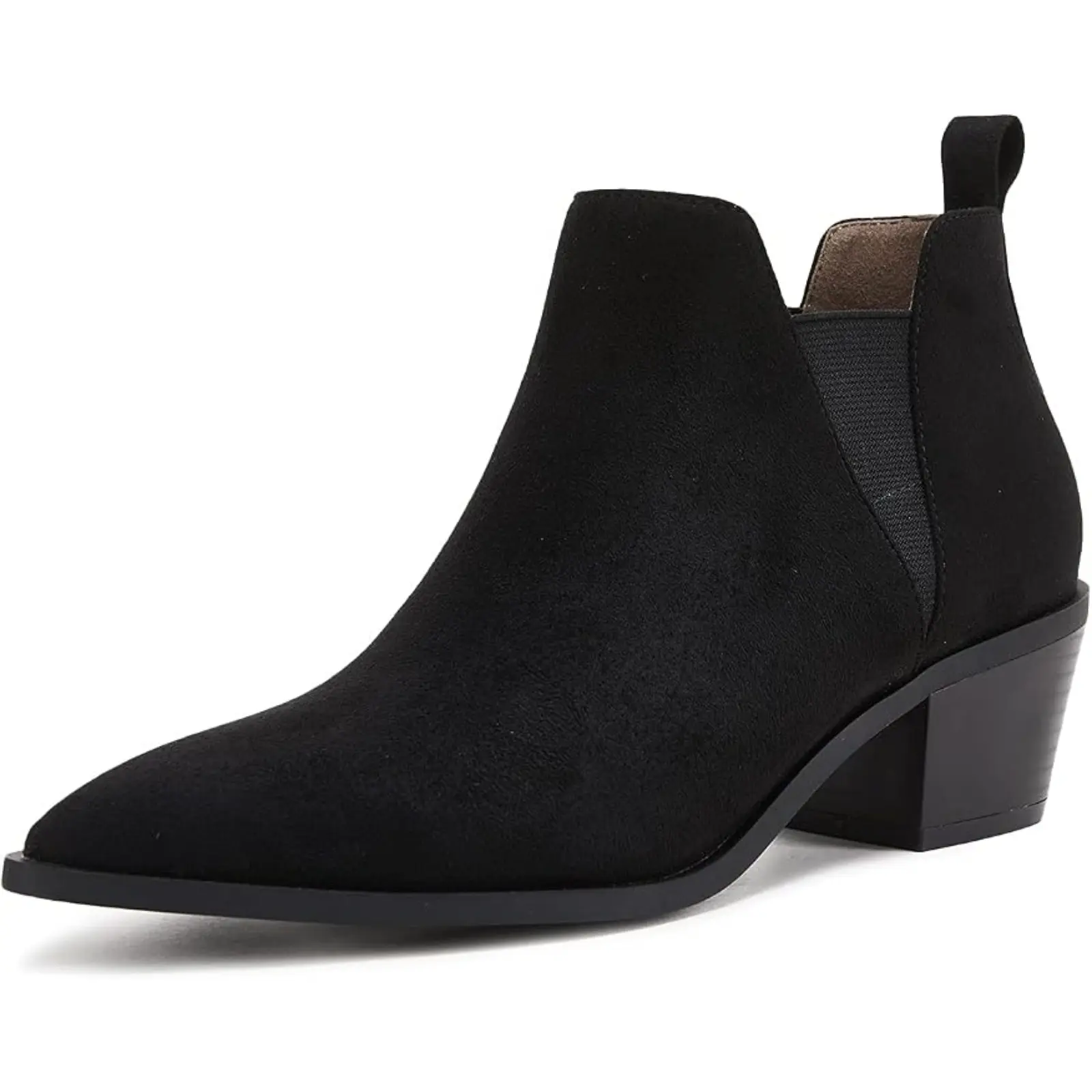 Coutgo Women's Suede Ankle Booties - Minimalist Slip-On Footwear with Stacked Chunky Heel, Rubber Sole, Western-Inspired Design