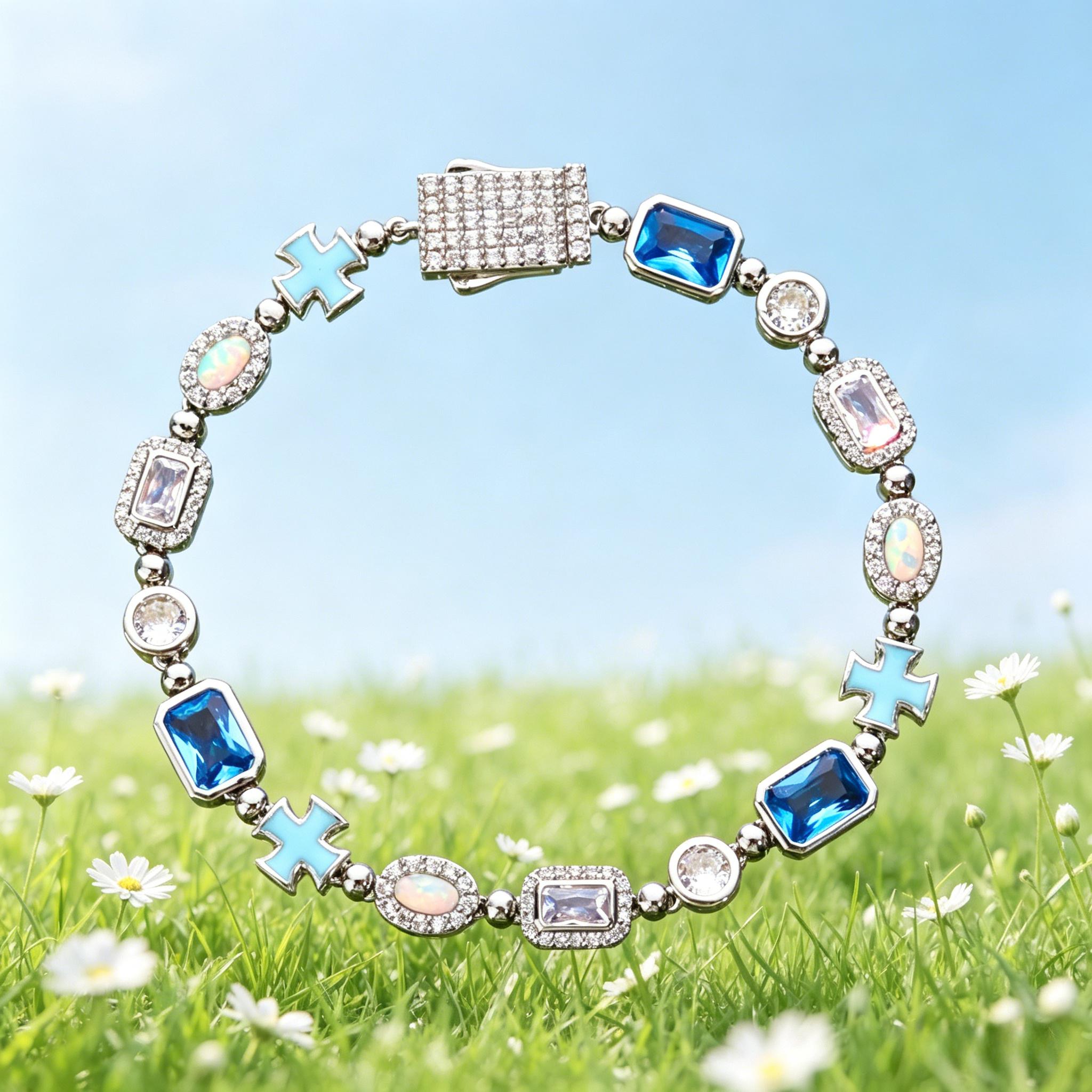 Custom Street Hip Hop Jewelry 6mm Multi Color Gemstone Enamel Tennis Bracelet Iced Out Cross Motif Bracelet