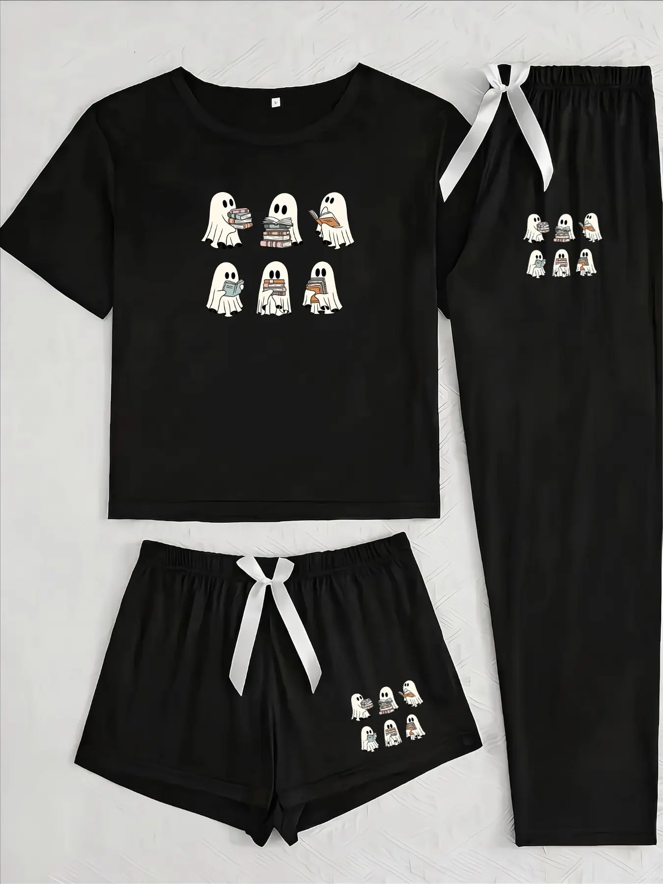 Three-Piece Pajama Set for Women, Halloween Ghost Print, Casual Loose-Fitting, All Seasons, Unlined, Random Print, Plain Surface