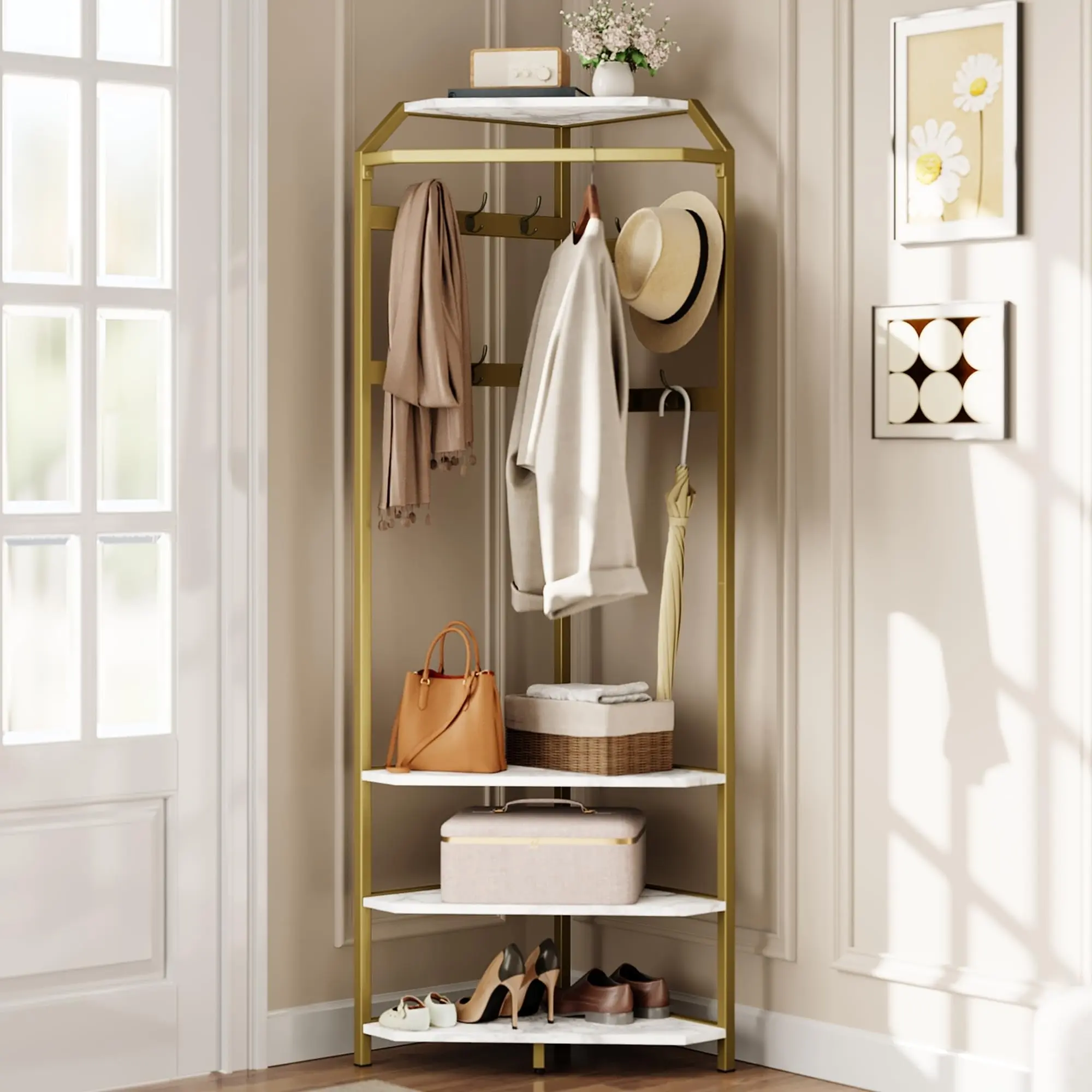 Garvee Corner Coat Rack Shelf with 4 Storage Compartments, Coat Rack with 12 Hooks, 4-in-1 Coat Rack, Clothes Rail for Bedroom, Living Room, Hallway, Entryway