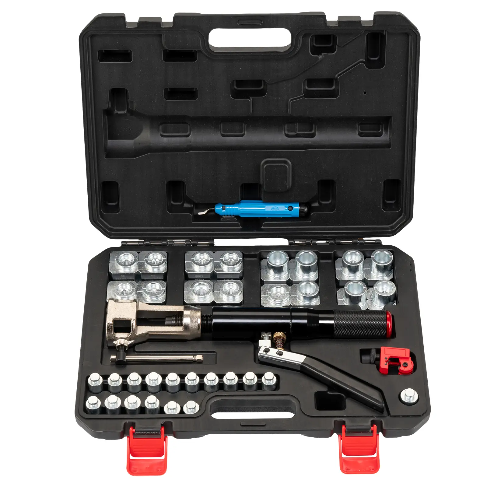 Professional Hydraulic Brake Line Flaring Tool Kit – 45° Degree & 40 CR Steel, 30 PCS for 3/16"-1/2" Copper & Steel Tubing – Includes Tube Cutter, Deburrer & Flaring Dies – Automotive Brake Repair Tool