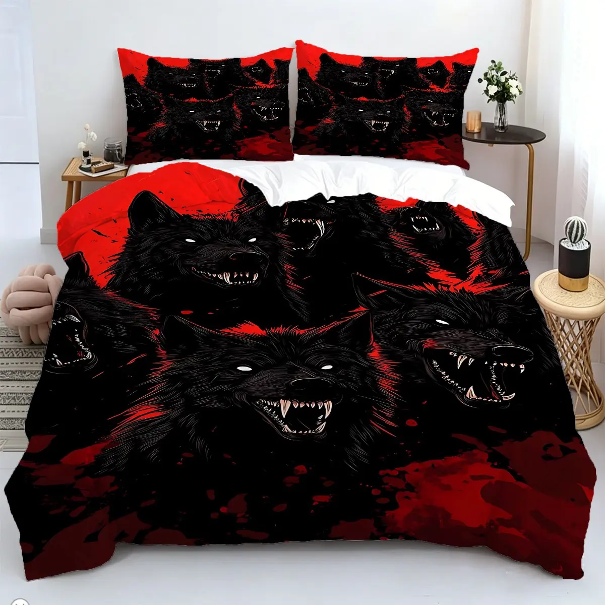 2/3 Pcs Black And Red Pack Wolf 3d Digital Printed Duvet Cover Set, Dark Gothic Style Bedding Set, Soft And Comfortable, 1 Duvet Cover And 1/2 Coreless Pillowcase, Zipper Closure, Suitable For Adult Bedroom Decoration