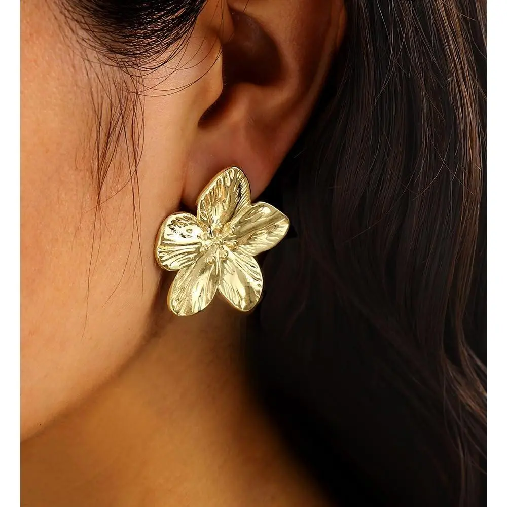 Big Gold Flower Earrings for Women Trendy, Chunky Unique Leaf Dangle Statement Earrings, Fashion Gold Large Flower Earrings Summer Beach Jewelry Gift