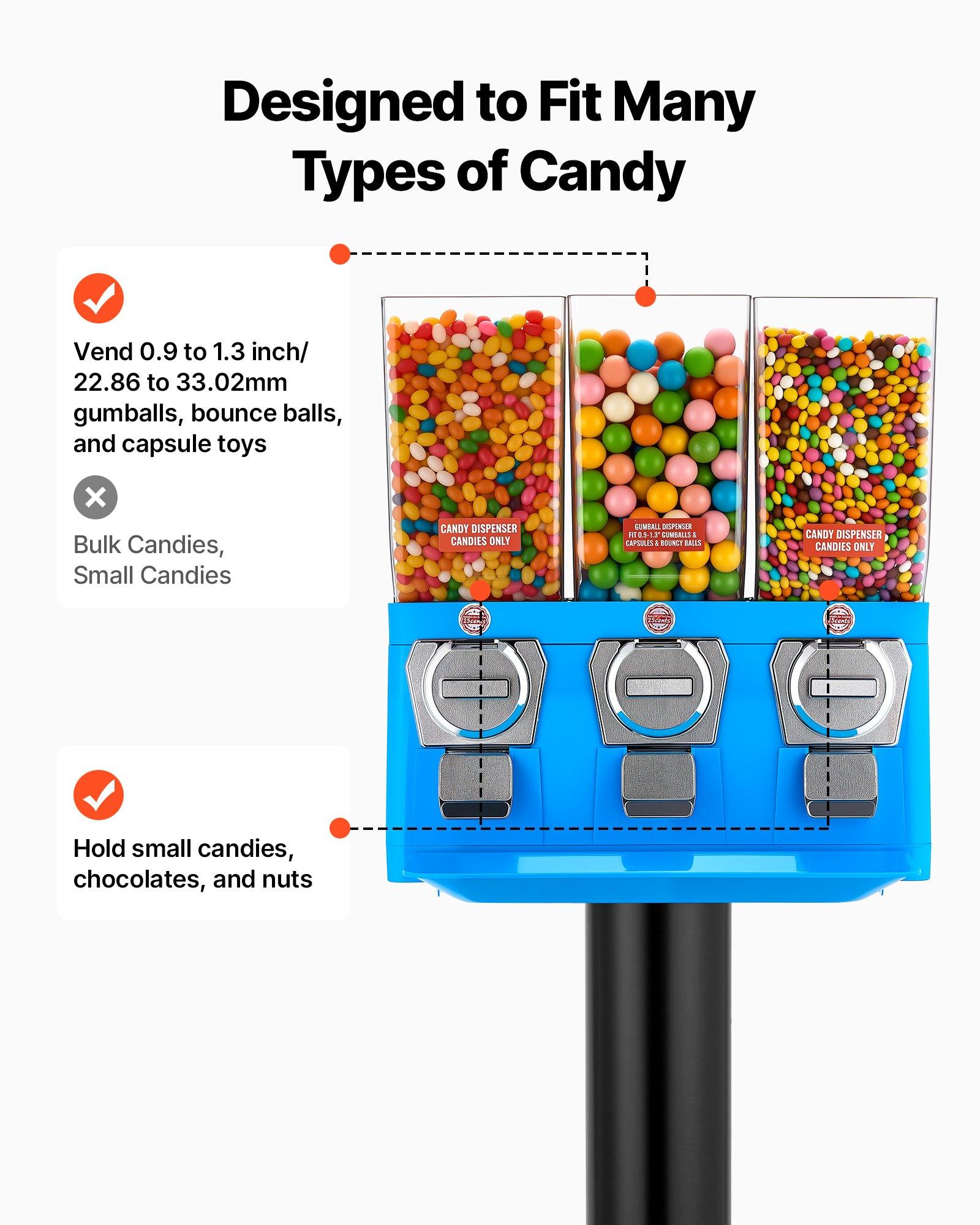 VEVOR Candy Vending Machine, Triple Compartment Candy Vending Machine with Stand, Gumball & Candies Vendings Machines with Built-In Cash Box, Detachable, Vintage Candies Dispenser for Shops, Arcades