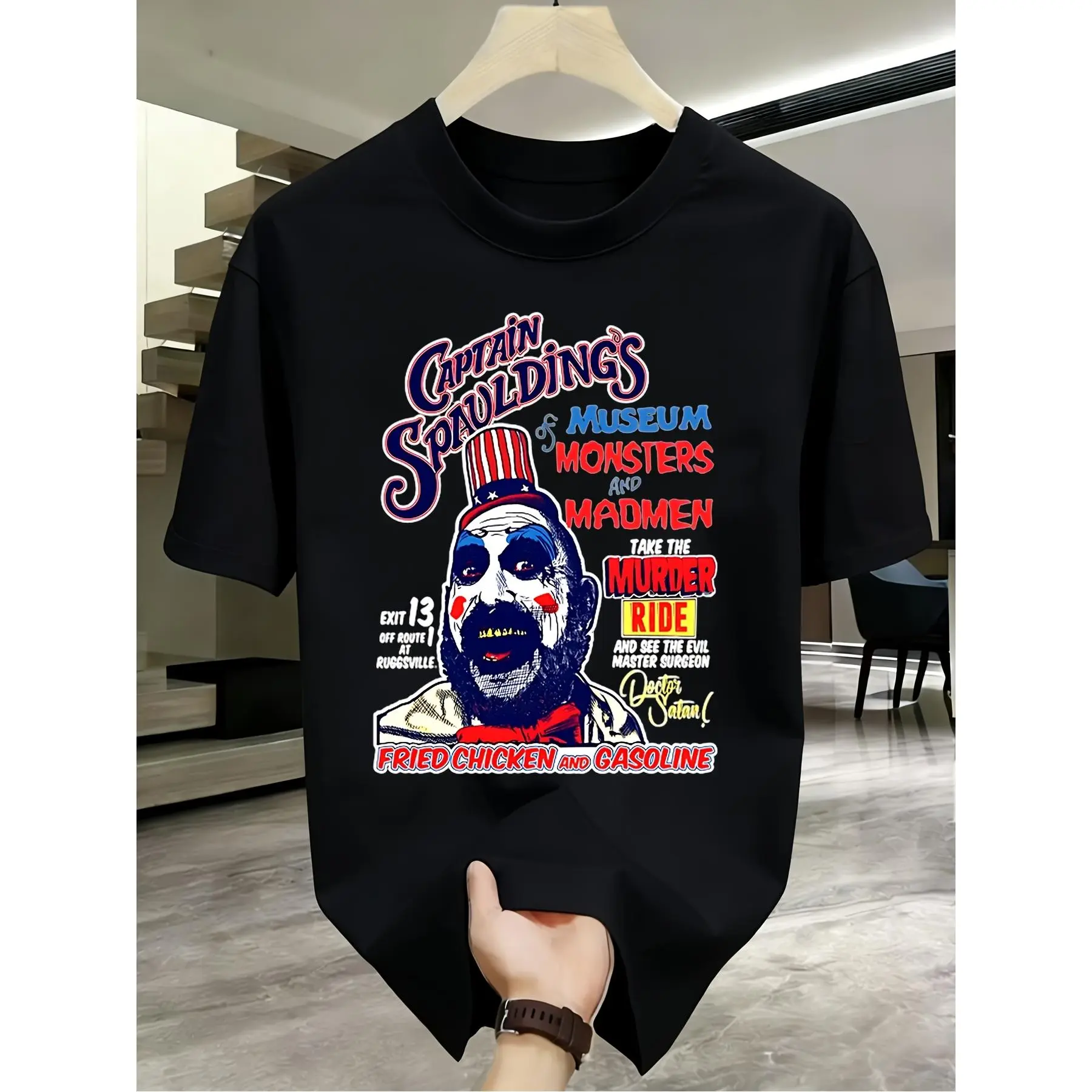 Horror Graphic Shortsleeve T-Shirt with Captain Spaulding Print, Unisex Oversized Street Style Tee in Breathable Combed Cotton for Halloween, Tshirt, Top, Costumes, Garment, Casual, Loose, Soft, Cargo, Fabric, Outdoor, Vintage