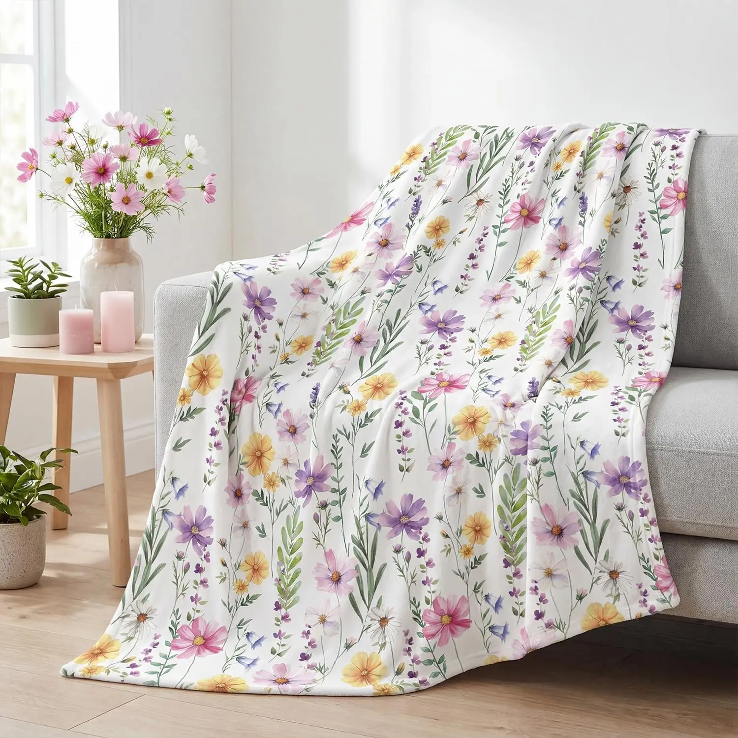 Spring Summer Flannel Blanket Throw, Watercolor Wildflowers Fleece Soft Fuzzy Plush Cozy Fleece Blankets for Couch Sofa Bed Lounging, Ideal Gifts for Kids Adults Self, 50x60
