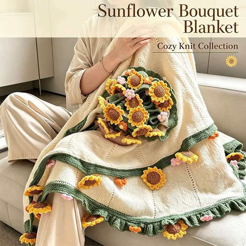 Premium Soft Knitted Sunflower Bouquet Blanket, Handmade Crochet Floral Edge Round Throw, Portable Decor Blanket for Home Use, Outdoor Picnic, Dorm Rest & Birthday Gift, Cozy Chic Blanket
