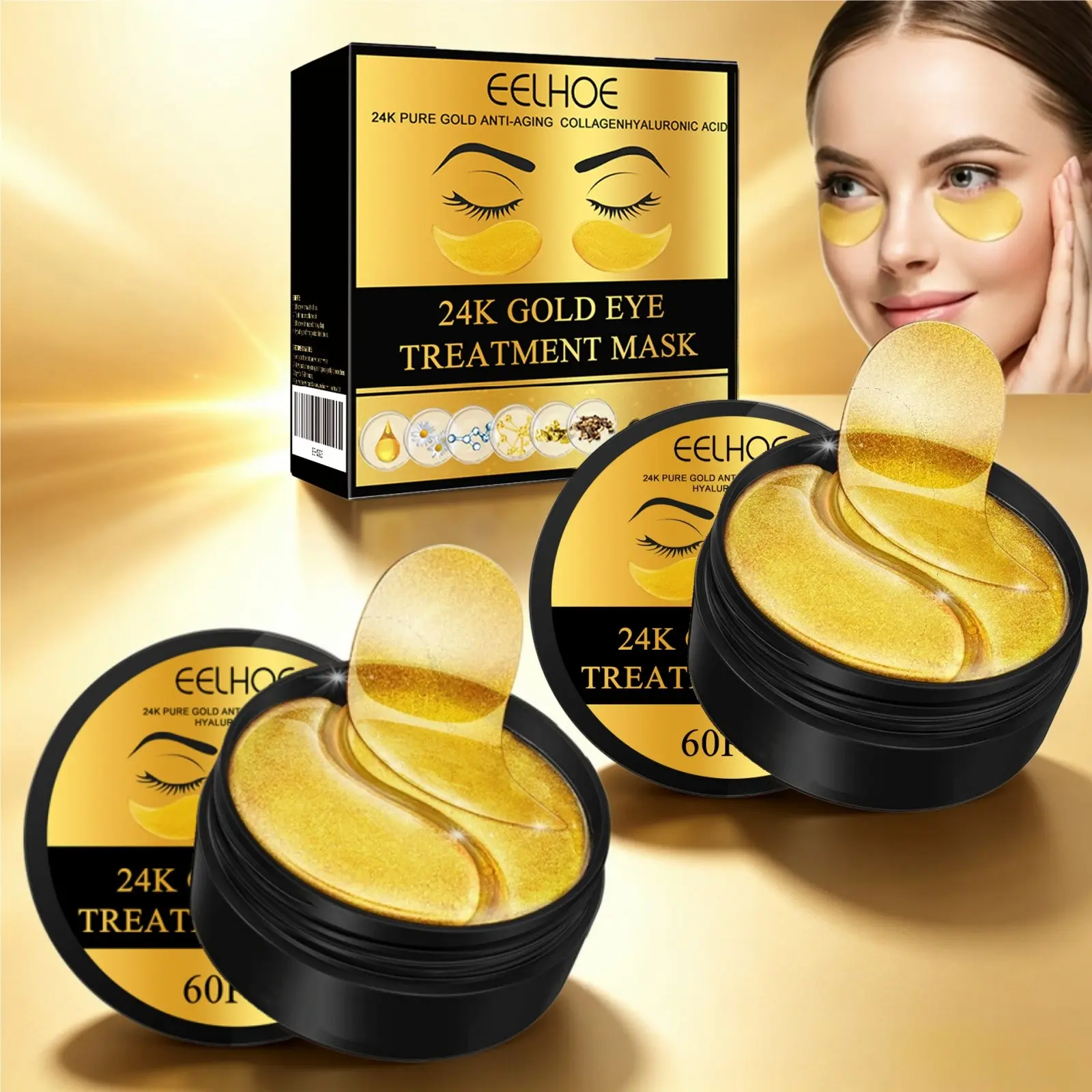 Ture 24k Gold Under Eye Patches, 60 Pcs*2 Hydrogel Eye Masks, Collagen, Hyaluronic Acid & Glycerin, Reduces Puffiness, Dark Circles, Fine Lines, Cooling Effect