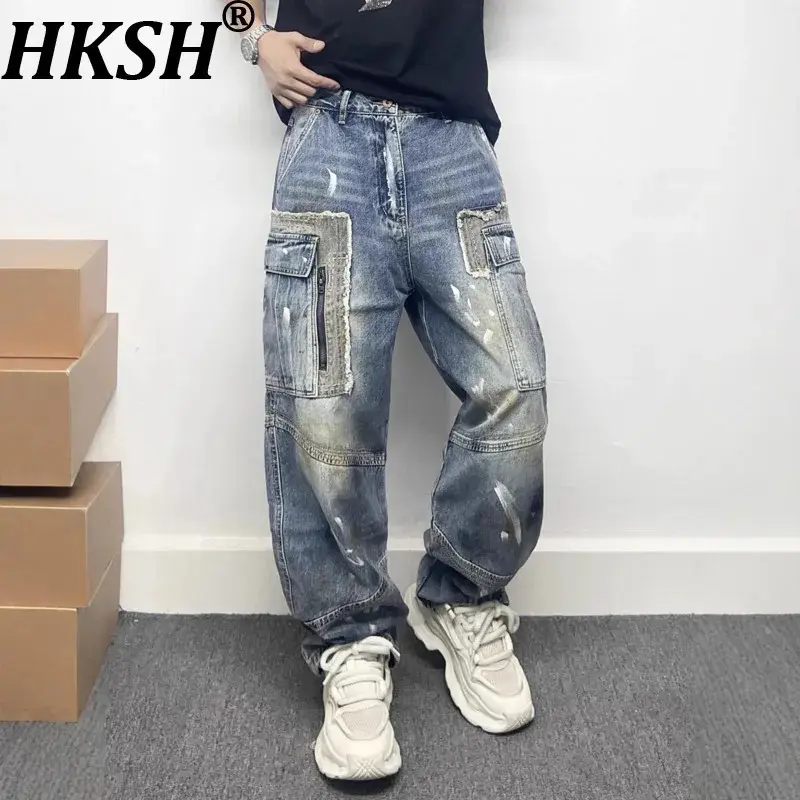 Spring Autumn New Men Distressed Patchwork Multi-Pocket Zipper Retro Jeans Trendy Dirty Dye Draped Chic Denim Pants