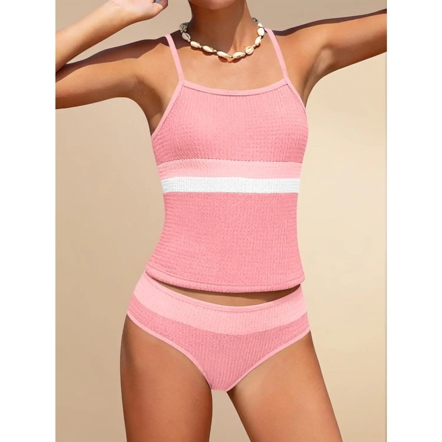 Girls Swimsuit Two Piece Bathing Suit Color Block Adjustable Straps Tankini Set Teen Girls Swimwear Size 7-16Y