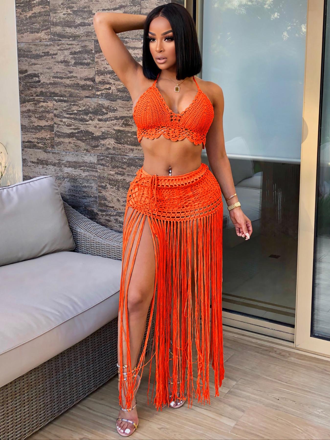 Two-piece Set Women's Halter Neck Crop Top & Fringe Trim Skirt, Casual Fashion Cozy Minimalist Knitwear Set for Daily Outdoor Wear, Ladies Clothes for All Seasons, Casual Matching Set, Suits, Cute Summer Outfit, Womenswear