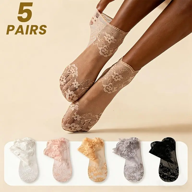 Women's 5-Pack Crew Length Ruffled Lace Socks - Breathable Vintage Detail Ankle Socks for Casual Wear (Sports & Outdoor Lawn Games Tetherball Compatible)