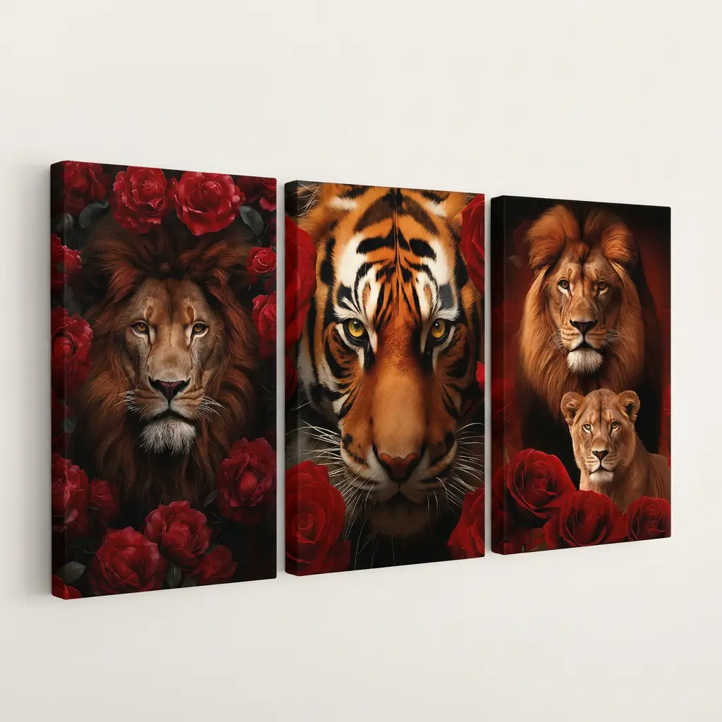 Lion and Tiger Canvas Wall Art Set of 3, Red Rose Big Cat Portrait Print for Living Room