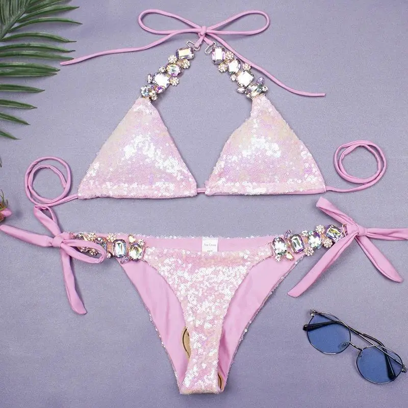Women's Sequin Trim Push-Up Bikini Swimsuit with Rhinestones, Push-Up Bra, Beach Wear for Pool & Bathing