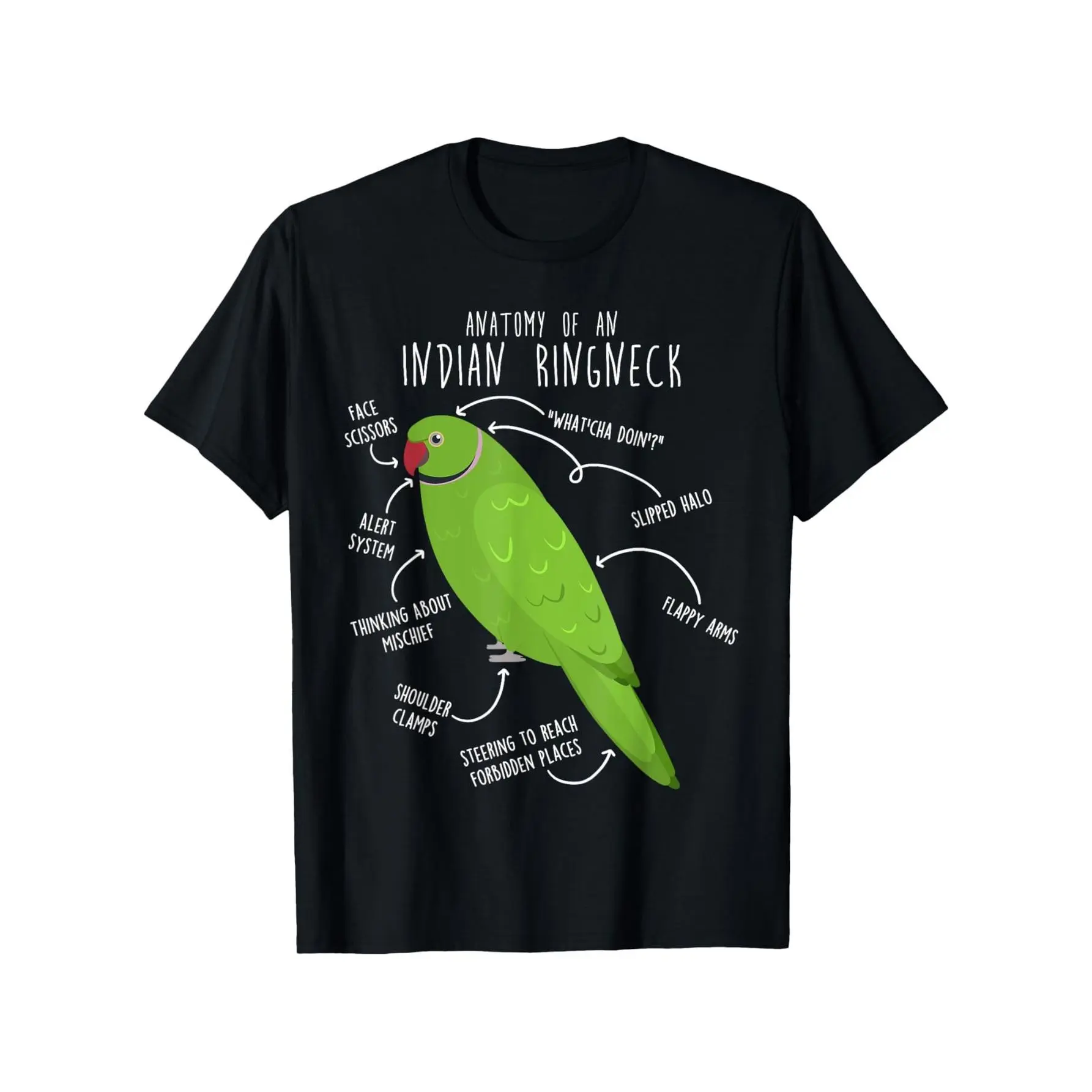 Funny Indian Ringneck Parrot Anatomy T-Shirt - Funny Pet Bird Lover Gift for Men - Black Shirt with Green Parrot Labels ("Flap Feet, Sexy Neck") - Regular Fit Casual Everyday Tee for Bird Owners & Fathers - Machine Washable Novelty Apparel, Humorous Graph