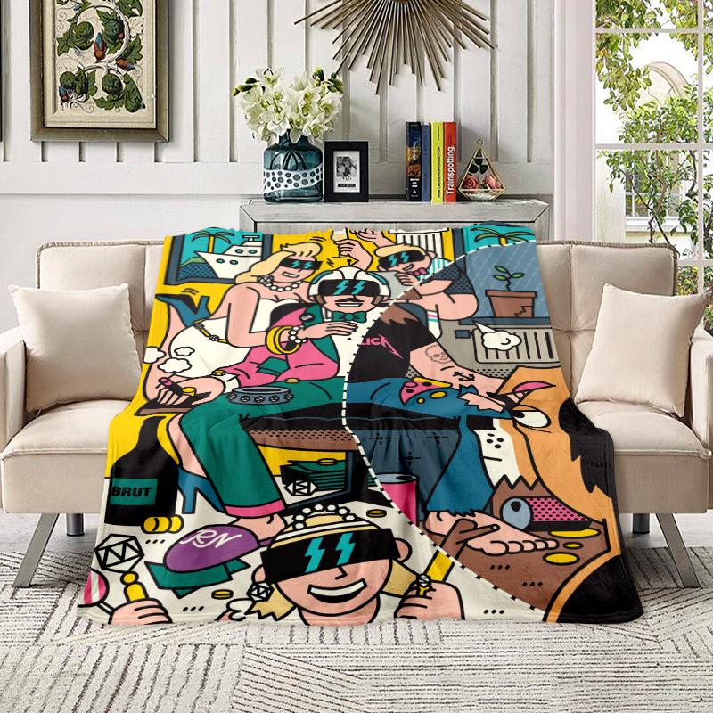 Cozy Flannel Blanket, Vibrant Pop Art Luxury Party & Yacht Scene Throw Blanket, All-Season Warm Rich Life Celebration Blanket for Couch, Bed, Camping & Gift, Aesthetic Bold Graphic Design Home Decor
